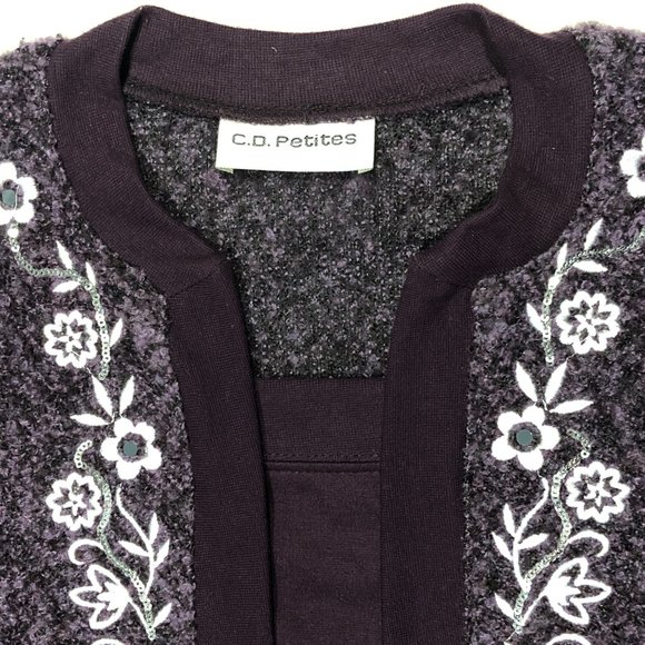 CD Petites Womens Large Maroon elegant floral Embroidered Long Sleeve Sweater - Picture 4 of 5